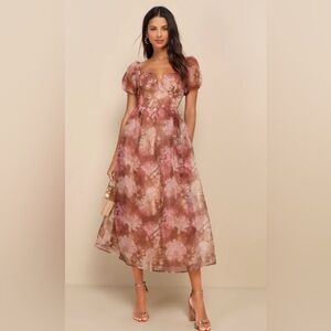 Lulus Lovely Statement Light Brown Floral Organza Tie-Back Midi Dress